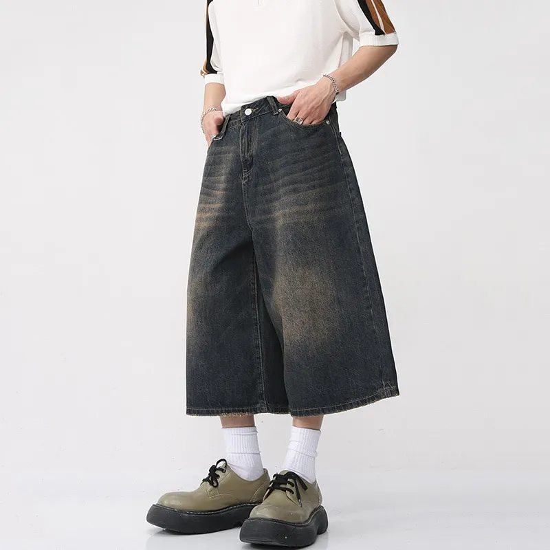 Y2K Mens Vintage Streetwear Breeches Korean Harajuku Denim Wide Leg Trouser Short Pants Jorts Bermudas Jeans Shorts Alt Clothes