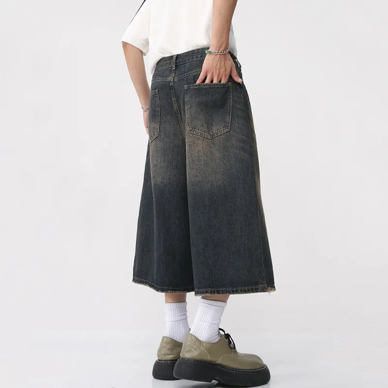 Y2K Mens Vintage Streetwear Breeches Korean Harajuku Denim Wide Leg Trouser Short Pants Jorts Bermudas Jeans Shorts Alt Clothes